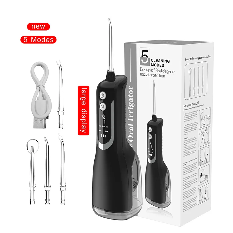 Powerful 330ML Water Dental Flosser Portable Oral Irrigator with 5 Pressure Modes 4 Replaceable Jet Tips for Home Travel Use