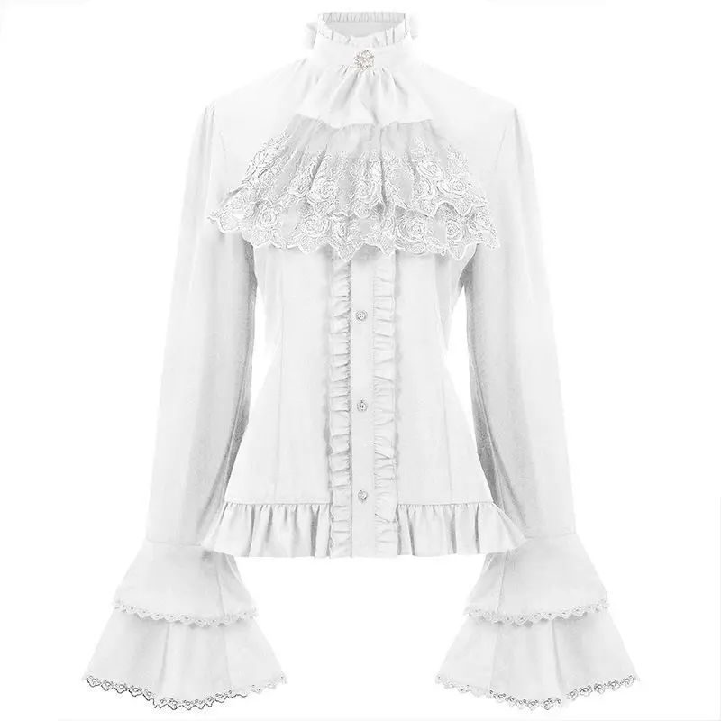 Vintage Lolita Lace Ruffle Patchwork Blouse Women Flare Sleeve Stand Neck JK Shirts Y2k Aesthetic Grunge Tops Blusas Cosplay Top