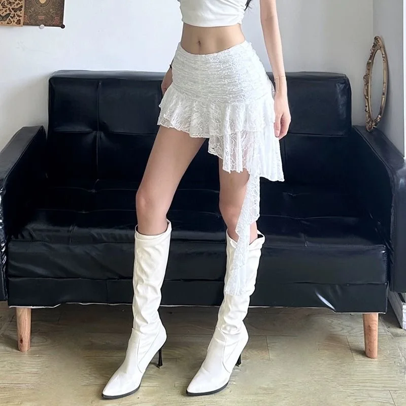 Vintage Koronkowe Asymetryczne Spódnice Seksowne Mini Spódniczki z Średnim Stanem Damska Francuska Moda Streetwear Odzież Damska Y2k