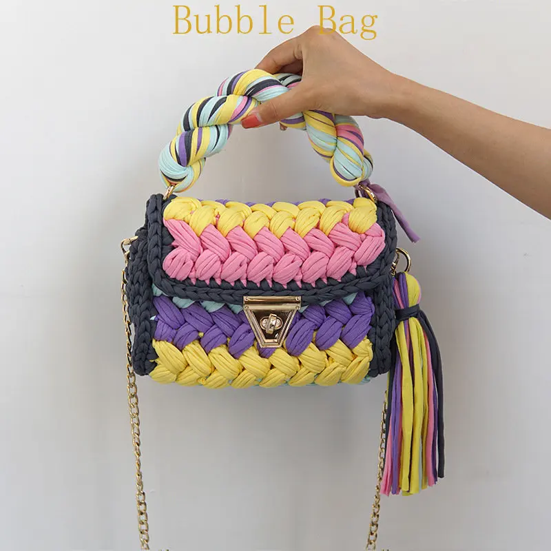 Fashion Colorful Crochet Women Handbags Tassel Thick Rope Woven Shoulder Crossbody Bags Knitted Small Flap Female Purses 2024