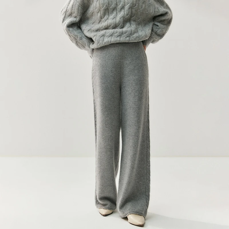 ANGEL 100% Cashmere Pants Autumn Winter Women's Wide Leg Pants Thickness Twist Simple Casual Style Cashmere Knitted Trousers