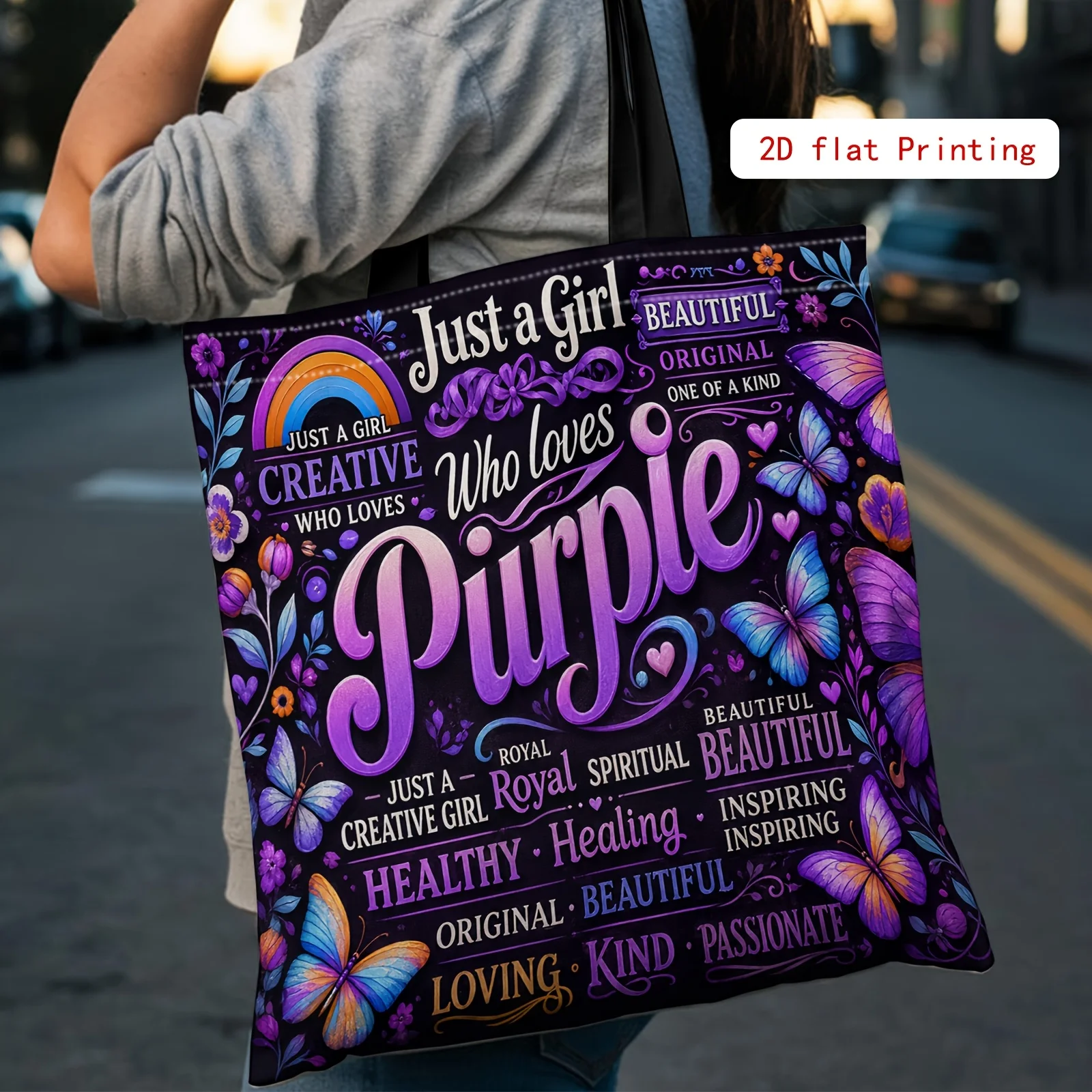 Women's Elegant Purple Butterfly & Positive Affirmation Tote Bag Large Capacity Handbag with 2D Floral Print Gift for Women