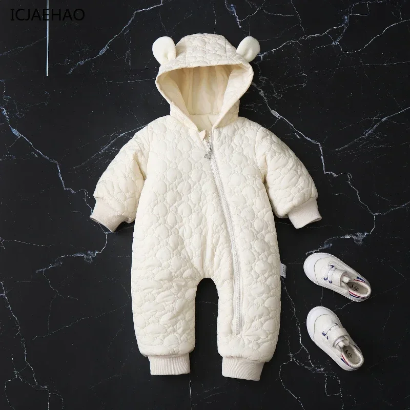 2025 Newborn Romper New Cute Ear Hooded Winter Baby Girl Boy Casual Clothes Coat High Quality Boutique Warm Jumpsuit