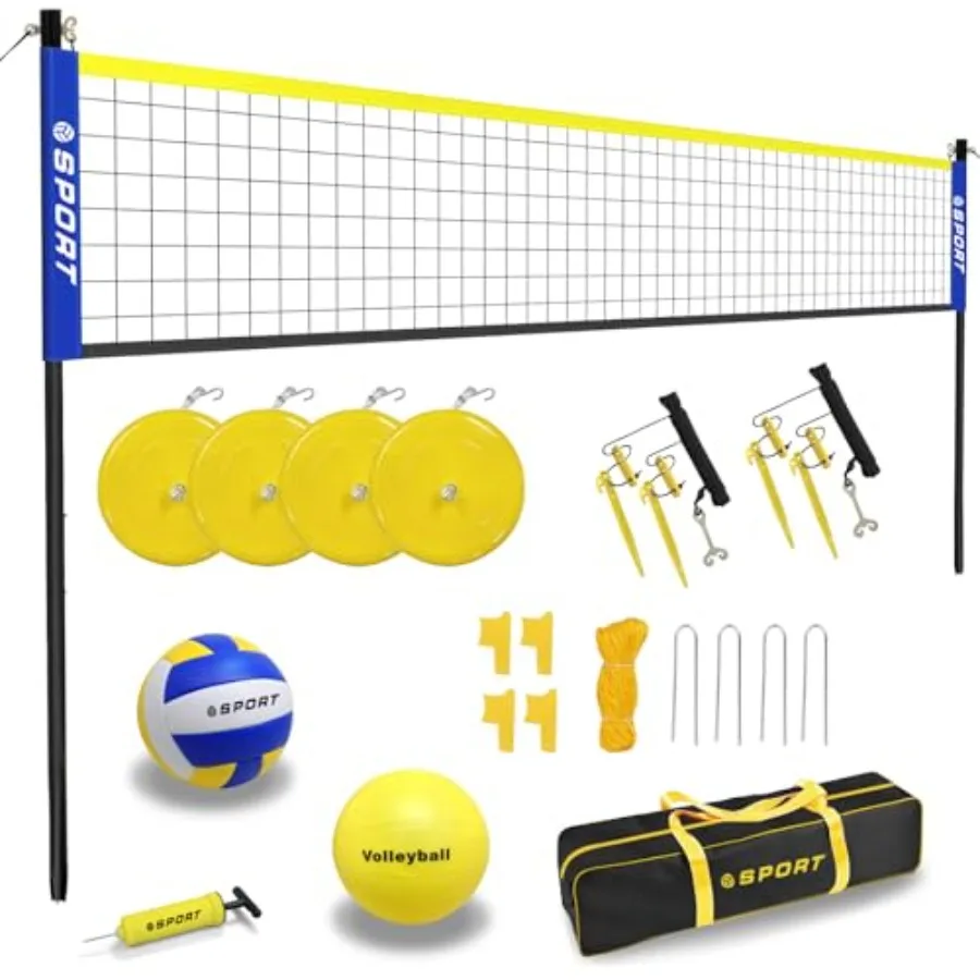 

Beach Volleyball Net System for Backyard Grass and Lawn: Polyester Net Blue/White Easy Setup with Adjustable Height Poles 4 San