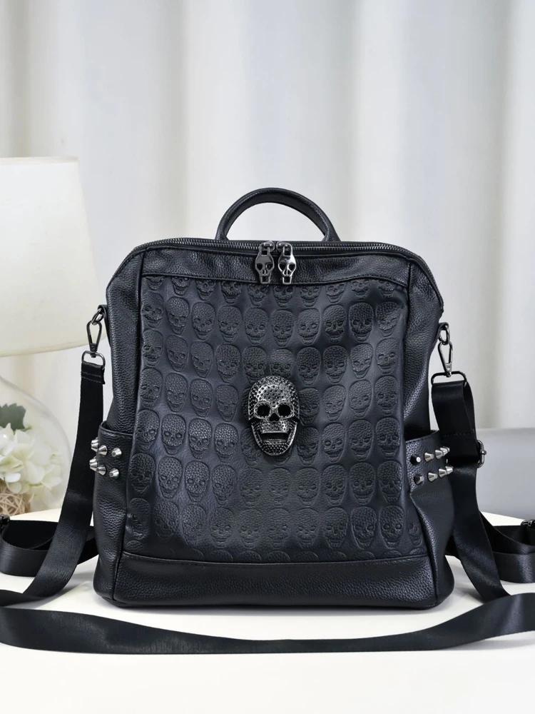 

SHELKSBAG Рюкзак с черепом для женщин Женский готический стиль Большая вместительная сумка из искусственной кожи Модные черные дорожные школьные сумки