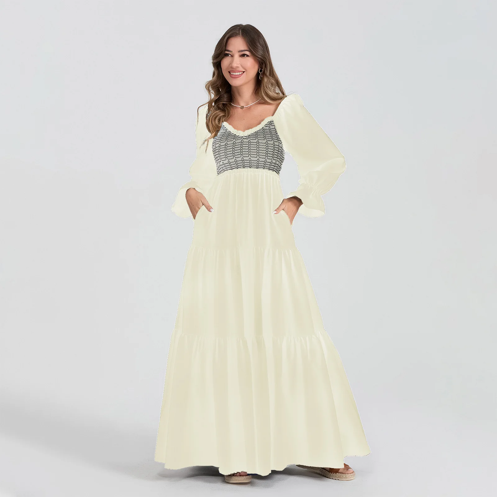 Female Clothing Women's Dress Women's Fashionable Long-sleeved Smocked Layered V-neck V-neck Dress Commuting Cake Skirt Dresses