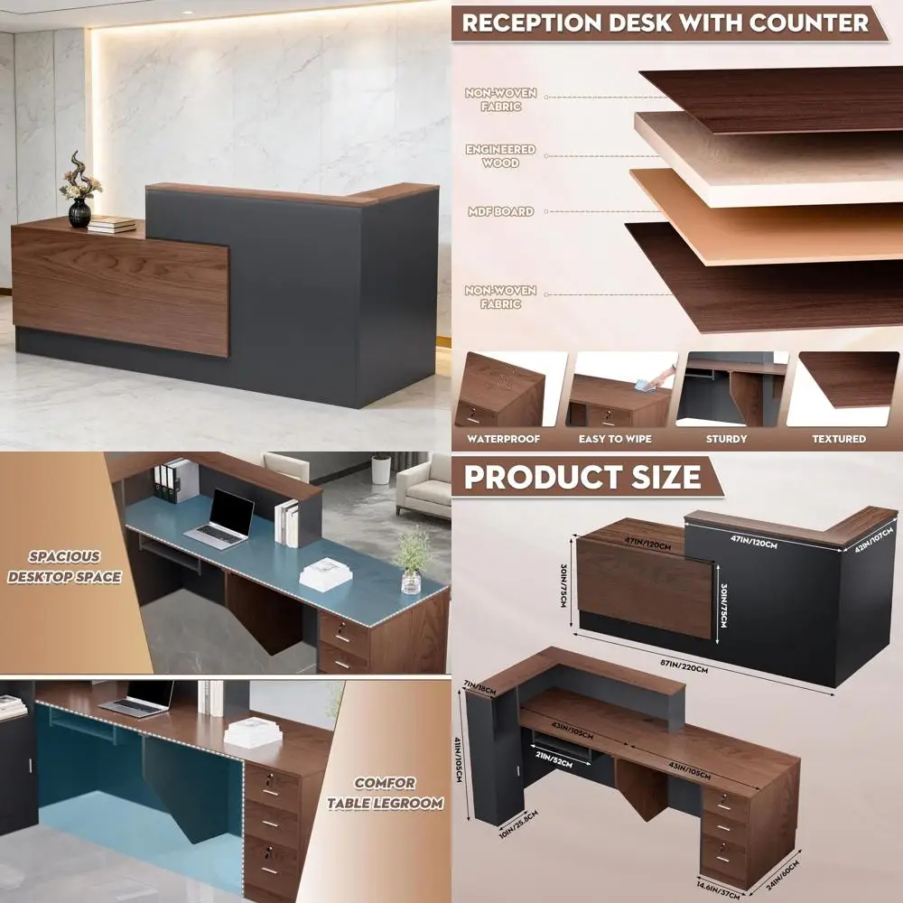 

Большой L-образный деревянный стол для ресепшн с прилавком и полками, идеально подходит для офисов и дома, коричневый и черный, 84Д x 34Ш x 41В (дюймы)