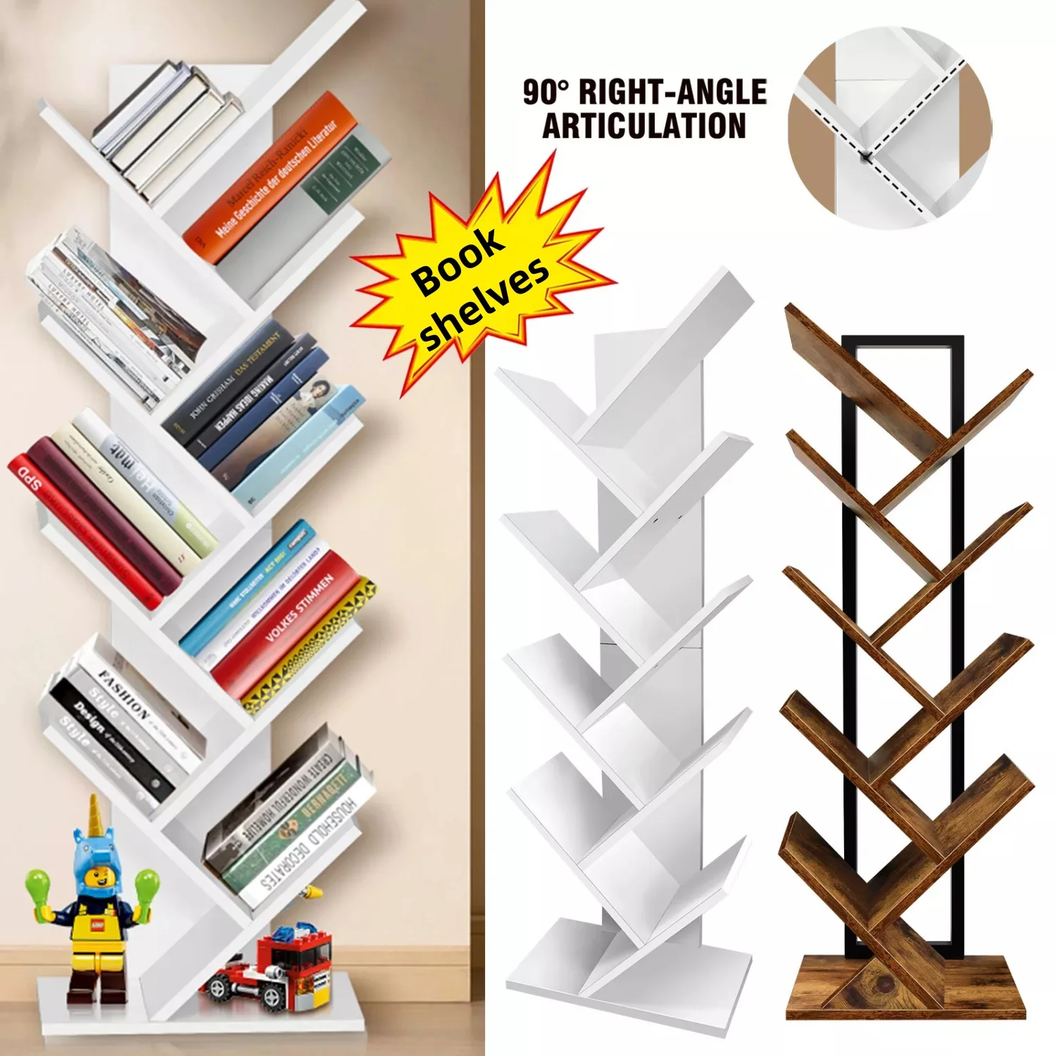 BRIEFNESS 9 Tier Tree Bookshelf Floor Standing Bookshelf Wooden Tree Bookshelf Display Storage Shelf Office Storage Shelf