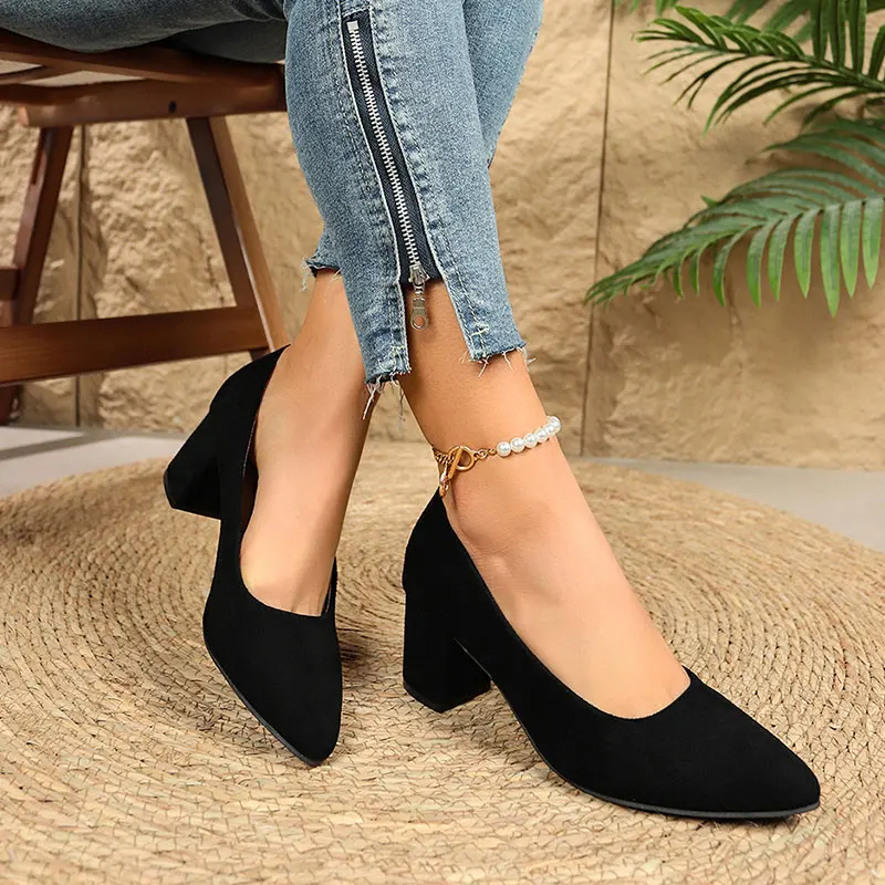 

High-quality Velvet High Heels Square Heel Shallow Mouth Single Shoes Pointy Toe Pumps Spring Autumn Shoes For Women