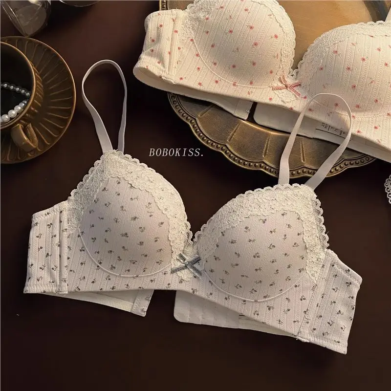 Soutien-gorge push-up sans fil en dentelle avec nœud, mignon et sexy, en coton, anti-affaissement, confortable, lingerie intime pour jeunes adolescentes