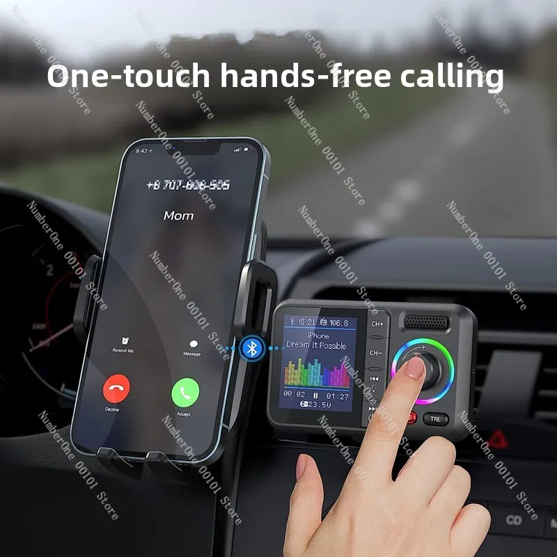 

Автомобильный MP3-плеер, Bluetooth 5.3, большой экран, поддержка карт памяти и USB-накопителей, Bluetooth-зарядка для автомобиля с подключением к прикуривателю, FM-трансмиттер.