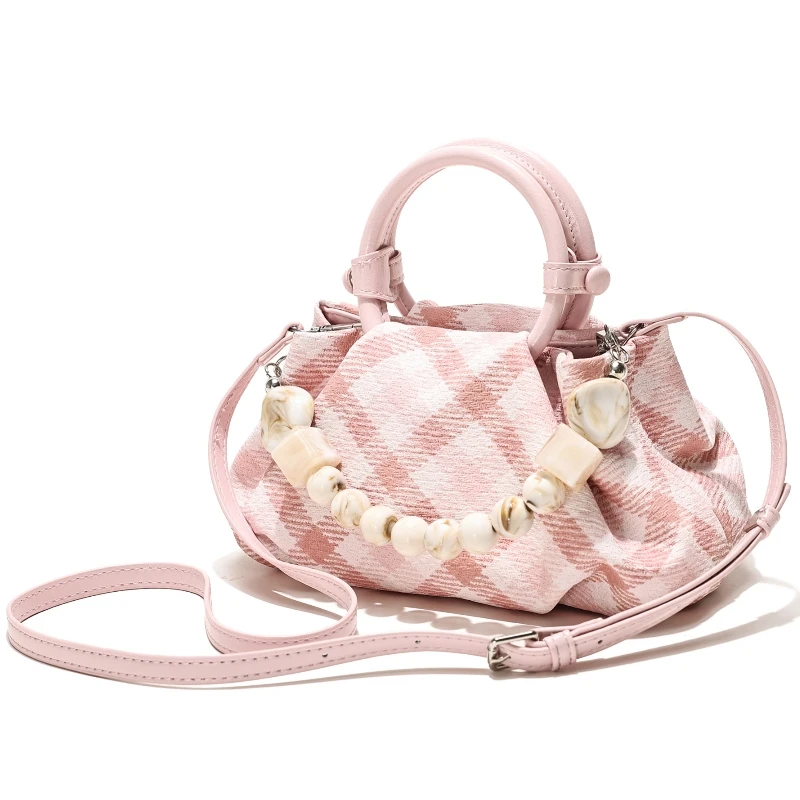 

Trend Pink Checkered Pattern Women's Pleated Pu Leather Handbag Fashion Beading Cloud Shaped Bag Lady's Daily Commuting Bag