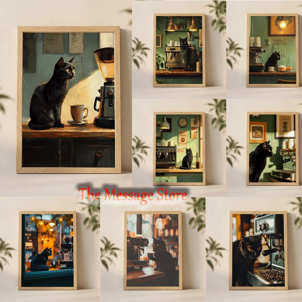 Black Cat Latte Art Retro Olive Green Kitchen Cafe Black Cat Espresso Cafe Bar Poster Wall Pictures Home Decor Canvas Painting