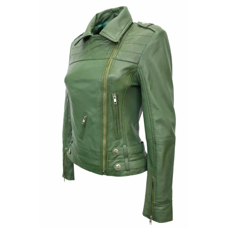 New Women's Authentic Lambskin Leather Handmade Jacket Slim Fit Green Stylish