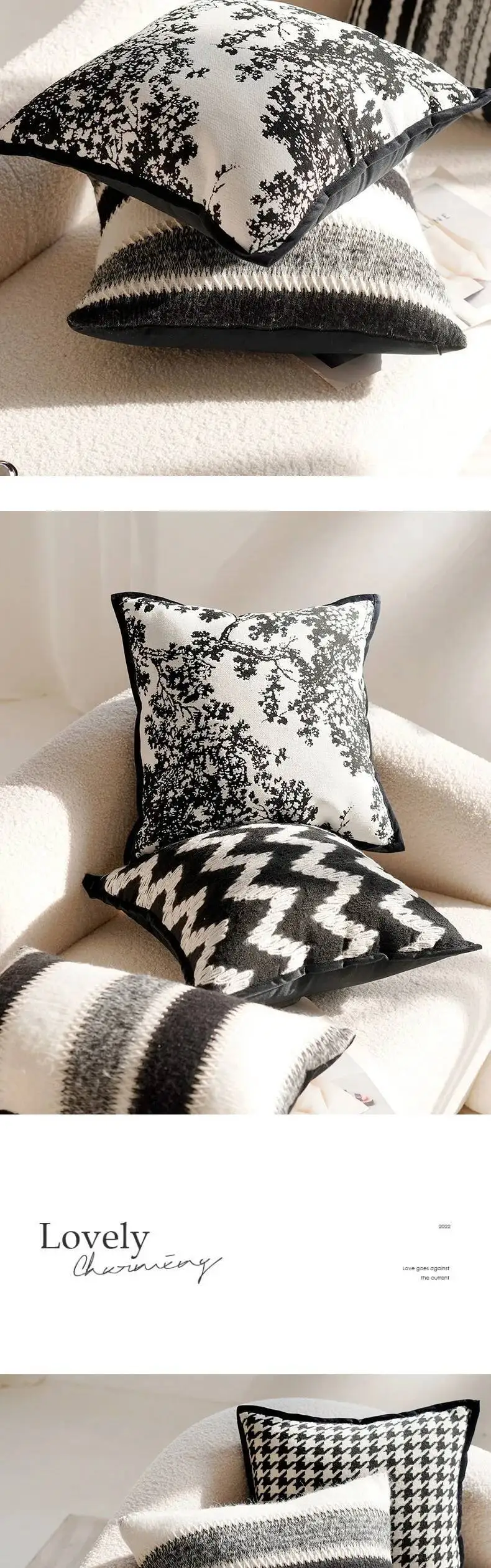 Schwarz-weiße luxuriöse Vintage-Kissenbezüge mit Stickerei, moderne Chenille-Kissenbezüge aus weichem Kunstfell, dekorative Kissenhüllen für Sofa- und Bettdekoration – Detail 13