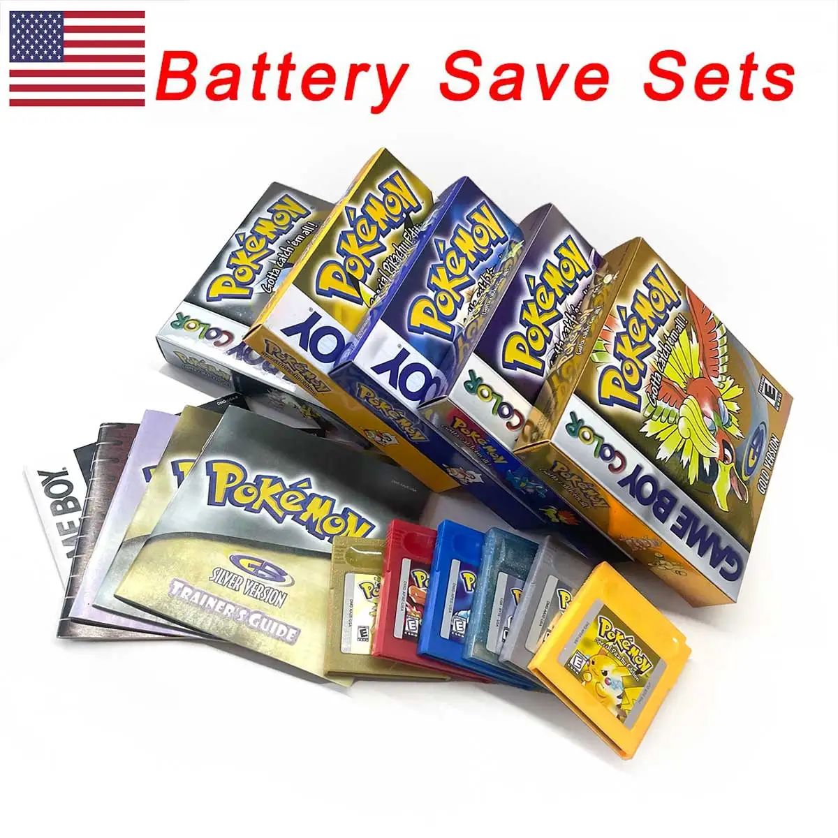 USA Battery Save cart Silver,Gold/Blue,Crtstal,Red,green,Yellow, Metallic FoilFinish box trey manual Game Cartridge for GBC