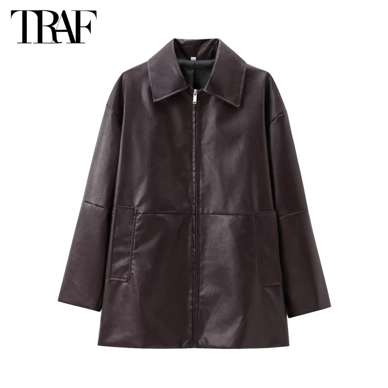 TRAF Faux Leather Jackets for Women Autumn Bomber Jacket Woman Long Sleeve Zipper Jacket Women Loose Outerwear Women\'s Jackets