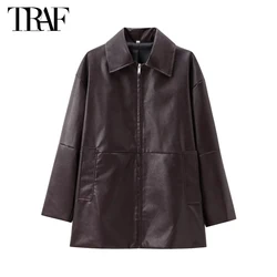 TRAF Faux Leather Jackets for Women Autumn Bomber Jacket Woman Long Sleeve Zipper Jacket Women Loose Outerwear Women's Jackets