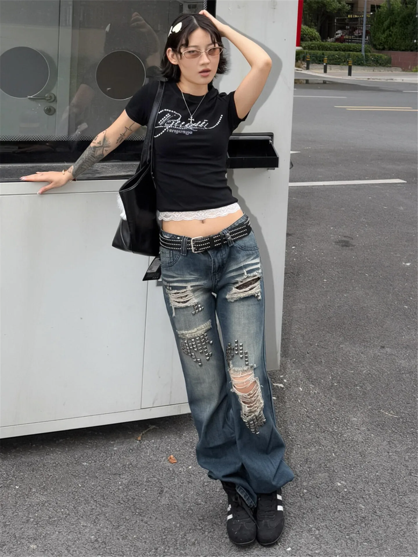 

Retro American Street Blue Jeans Women's Summer Slimming Bell Bottoms Distressed Cotton Low Waist Zipper Casual Deep Color