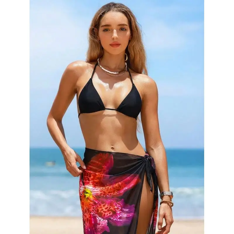 JEWELRY SEN Women 3‑Piece Solid Black Halter Bikini Set Floral Leopard Print Beach Wrap Sarong Skirt Summer Vacation Swimwear