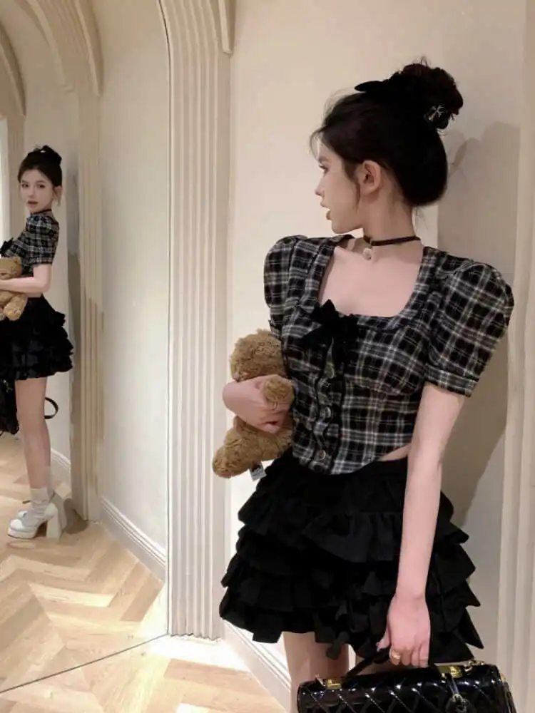 Sweet Spicy Girl JK Uniform Set Summer Retro Square Collar Plaid Shirt Cake Skirt Short Tea Themed Whole Set Women's Fashion