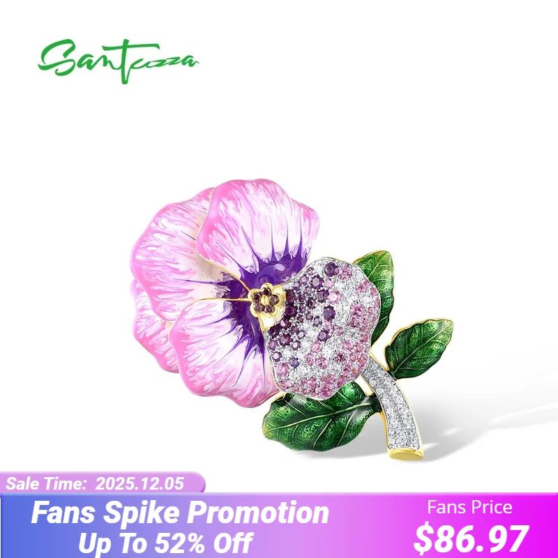 

SANTUZZA Real 925 Sterling Silver Brooch for Women Sparkling Pink Sapphire Purple Flower Party Fine Jewelry Handmade Enamel