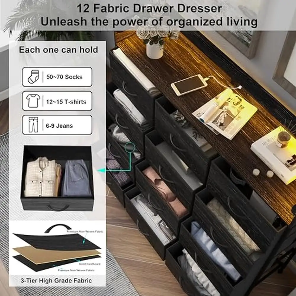 LED Light Dresser com Estação de Carregamento, Gavetas de Tecido, Quarto, Black Iron Frame, Cozy Atmosphere Display Space, Fácil Montagem, 12 Gavetas