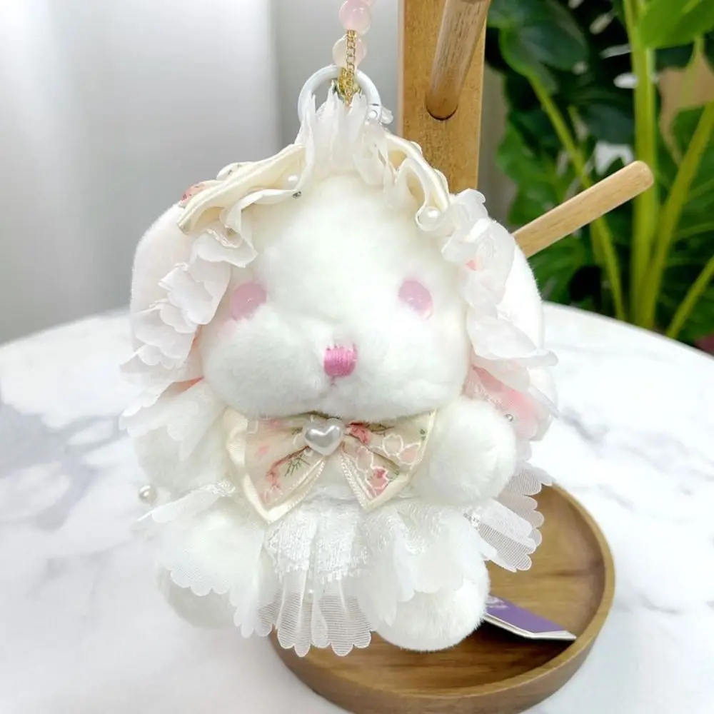 Princess Pearl Dress Rabbit Keychain Stuffed Cartoon Rabbit Doll Keyring Soft Kawaii Drooping Ear Rabbit Pendant Backpack Decor