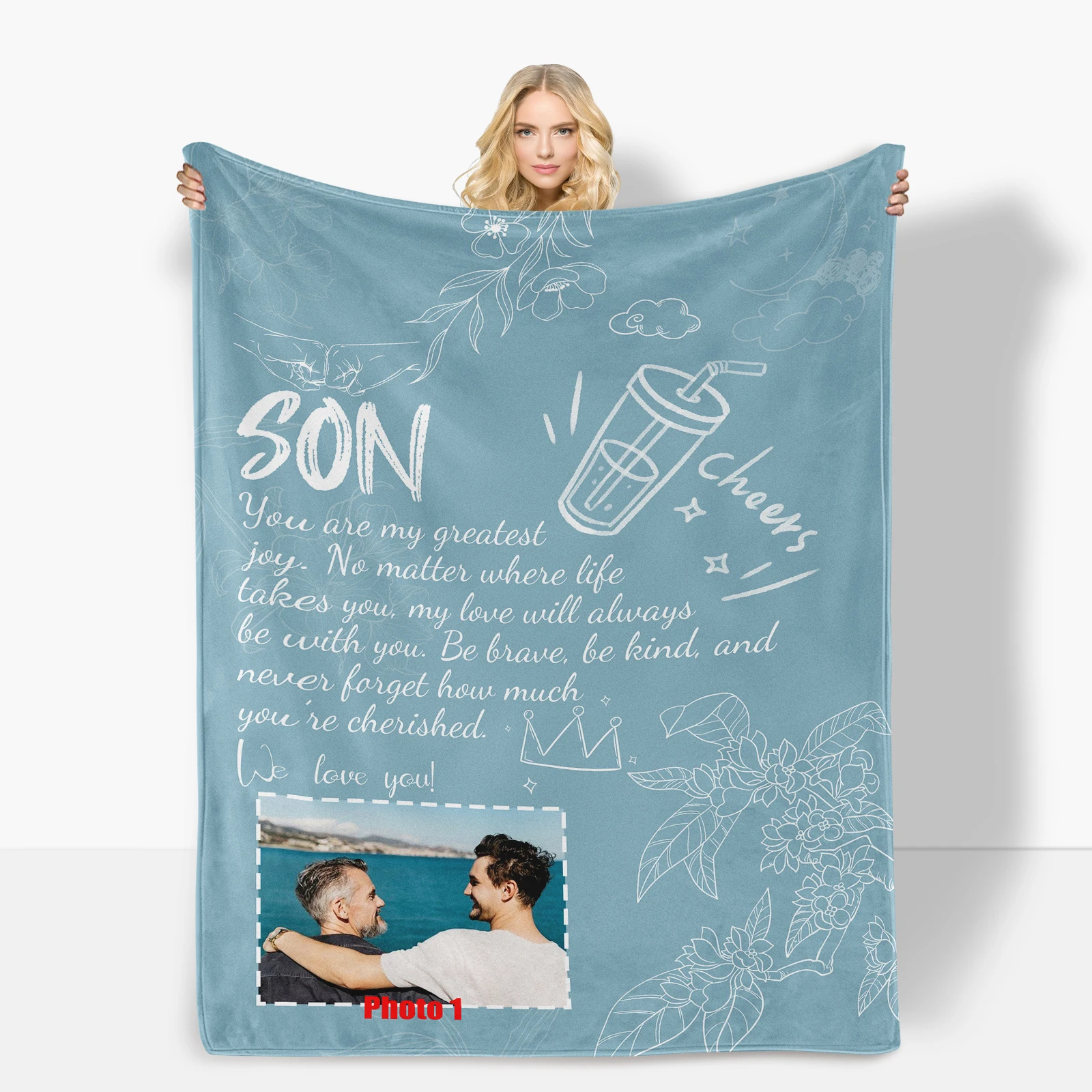 

Custom Cloud And Fist Bump Photo Blanket Unique Design Thoughtful Gift For Son Personalized Throw Special Keepsake For Him