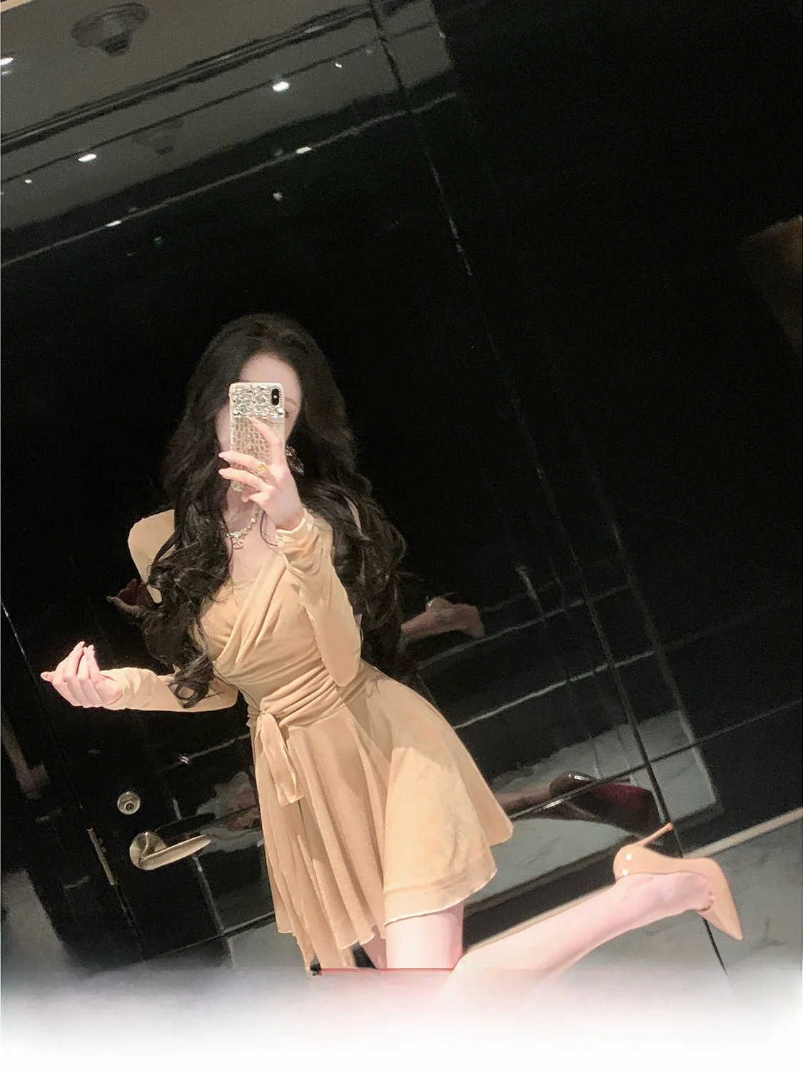

Syqiao Summer Long Sleeve Wrap Style Sparkling Dress Short Skirt Pure Desire Elegant High Waist Soft Polyester Blend Women's ...