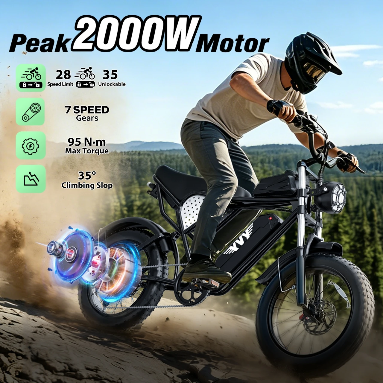 YVY 2000W K20-25  Electric Bike for Adults 33MPH 48V 25Ah Removable Battery 20" for Mountains Sand Fat Tire Ebike Motorcycle