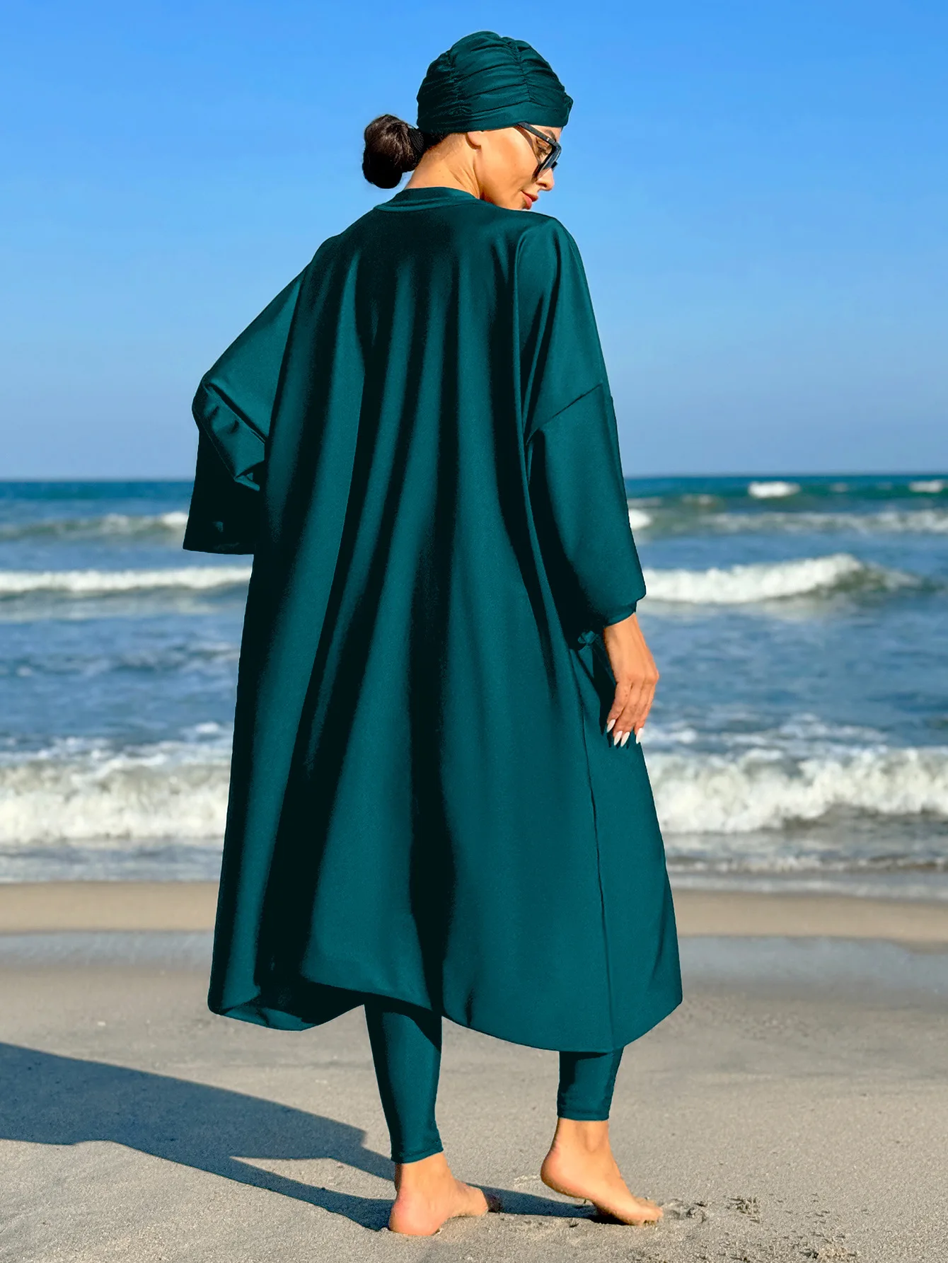 Modest Swimwear Royal Green swimsuit Loose Swimwear for Women solid color long sleeved Robe and one-piece swimwear with Hijab