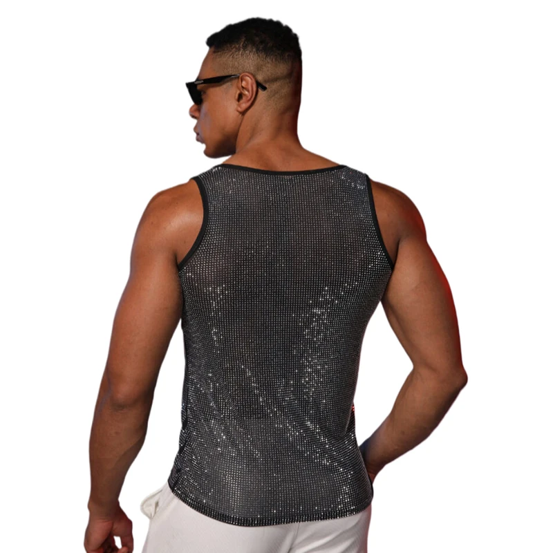 Herren Glitzerndes Strass-Mesh-Tanktop, Durchsichtiges Glitzer-Party-Shirt, Nachtclub-Bühnen-Musikfestival-Rave-Performance-Clubwear – Detail 5