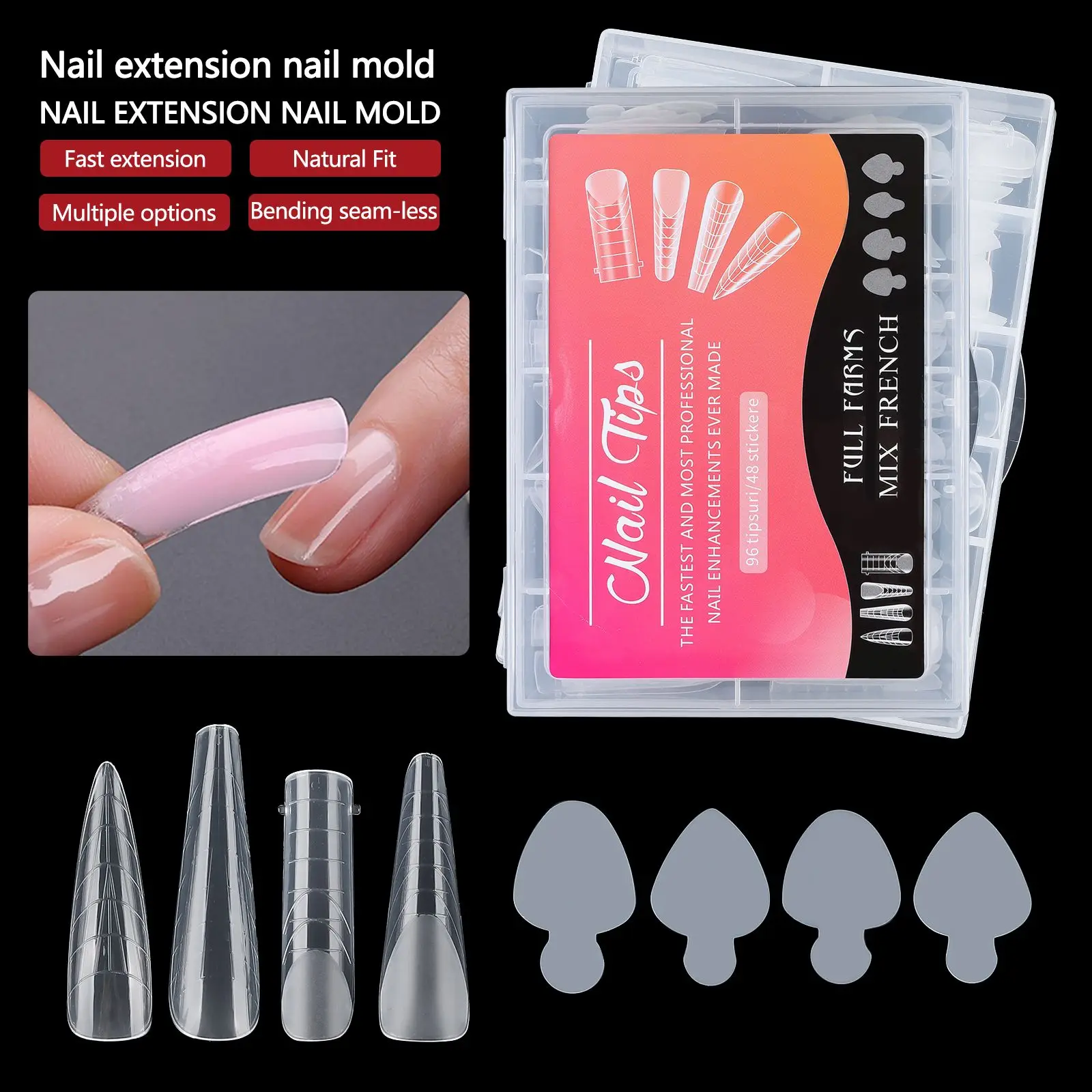 Clear Dual Nail Forms French Style Long Ballerina Coffin Nail Molds 12 Sizes Full Cover Gel Nail Forms for Nail Art Salon