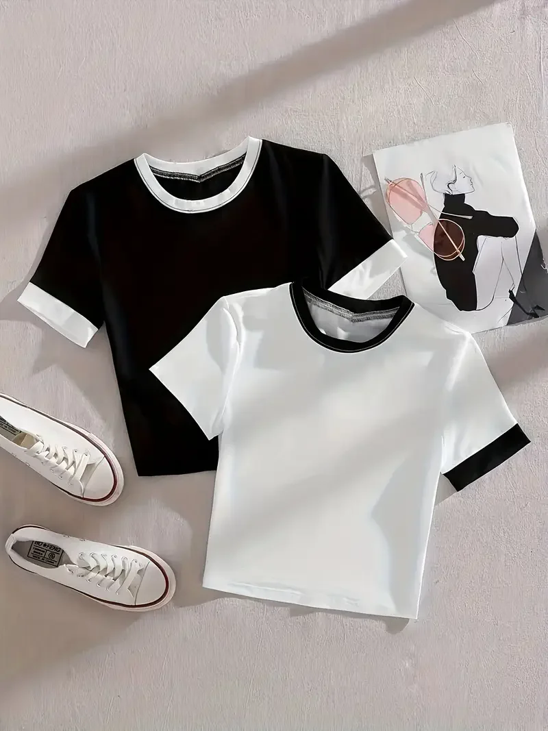 2-Pack - Women's T-Shirt Spring and Summer Casual Short-Sleeved Patchwork Round Neck Short Top