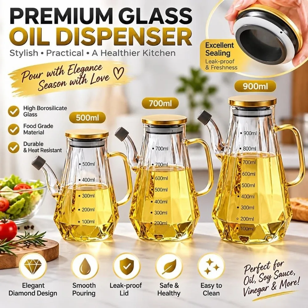 Borosilicate Glass Oil Dispenser with Scale Diamond Cut Oil Pourer with Handle Non Drip Clear Glass Oil Bottle Restaurant Use