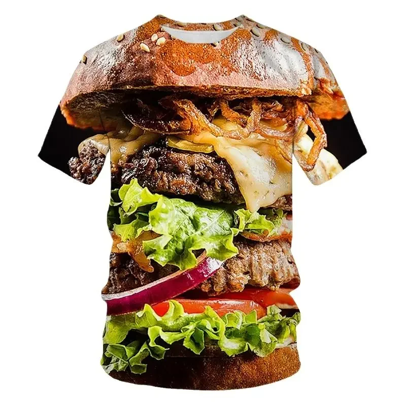 Food Graphic Burger Fries 3D Harajuku Print Fun Casual Men\'s And Women\'s Personality Hip Hop Street O-Neck Short Sleeve T-shirt