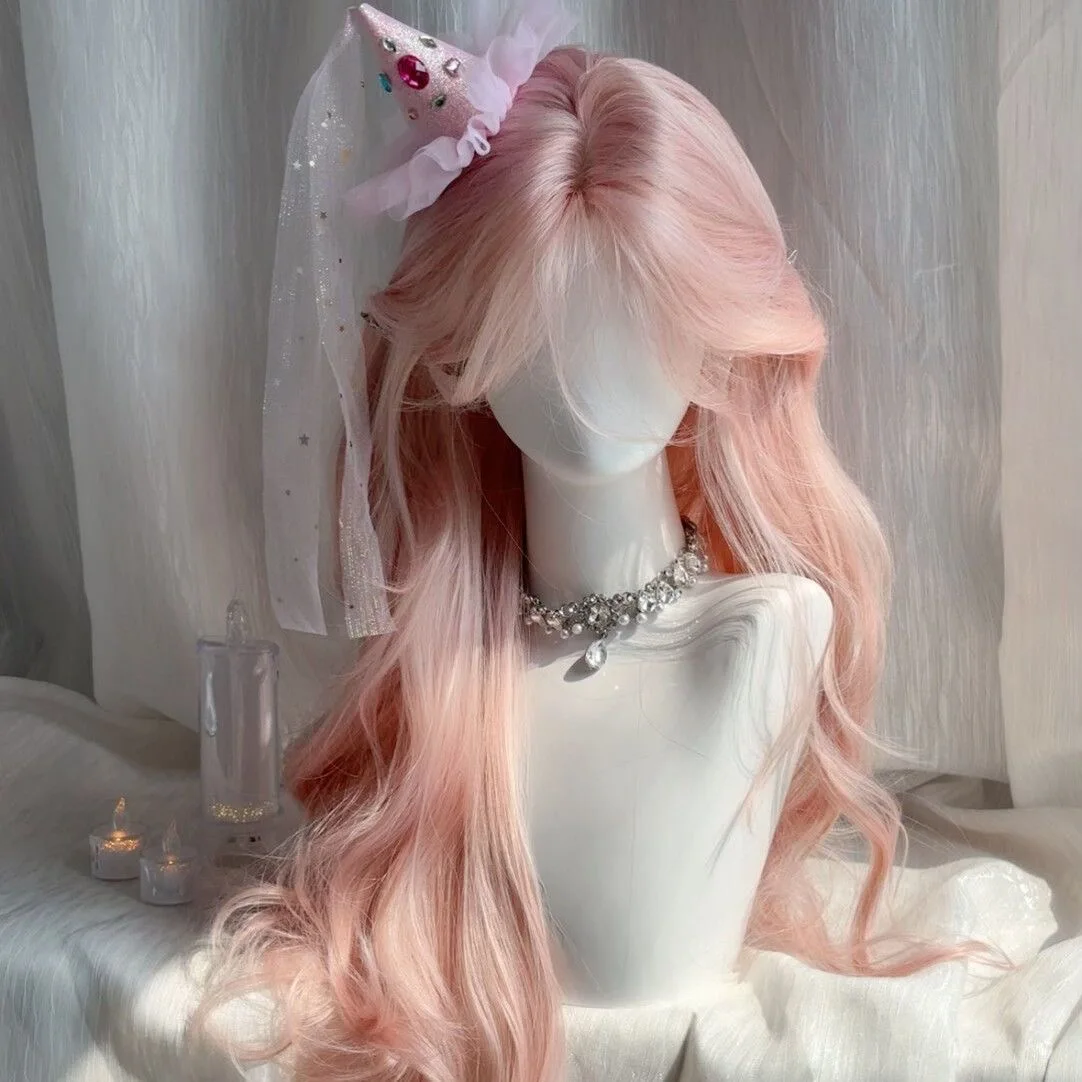 Rosa Perücke, langes Haar, künstlicher Haarsimulationskopf, Anime-Spielzubehör, Cosplay, volle Kopfbedeckung, lockiges Haar, Foto-Show-Requisiten