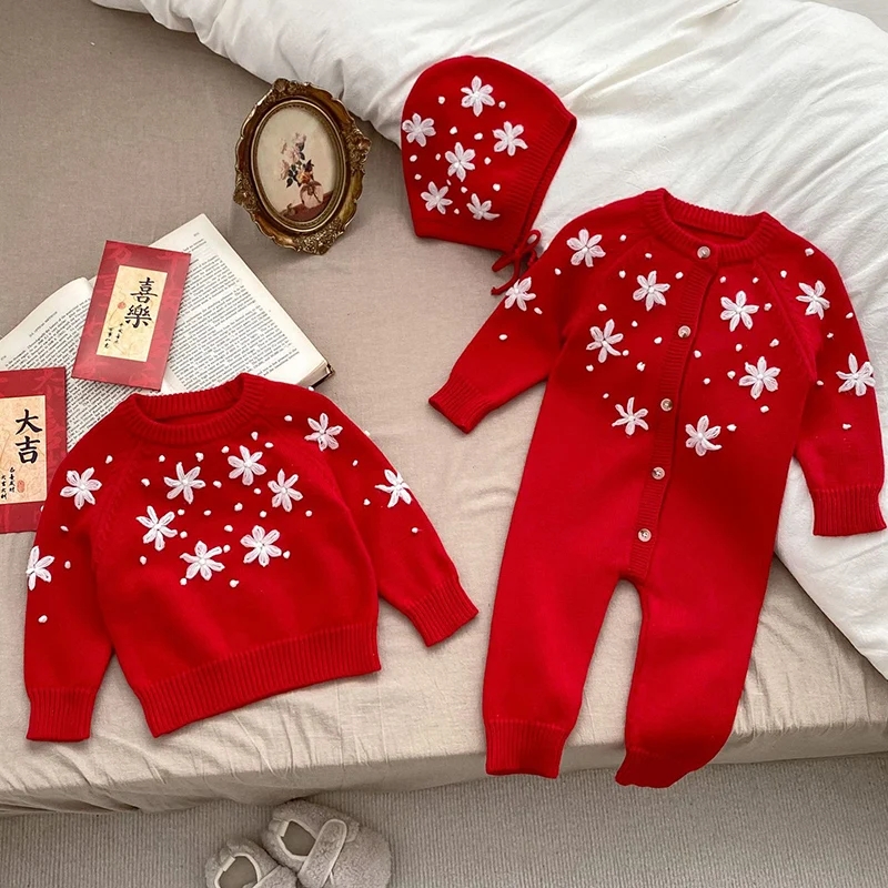 

2024 New Autumn Children Clothes Toddler Baby Girl Romper+Hat Long Sleeved Knitted Embroidery Pullover Infant Baby Jumpsuit