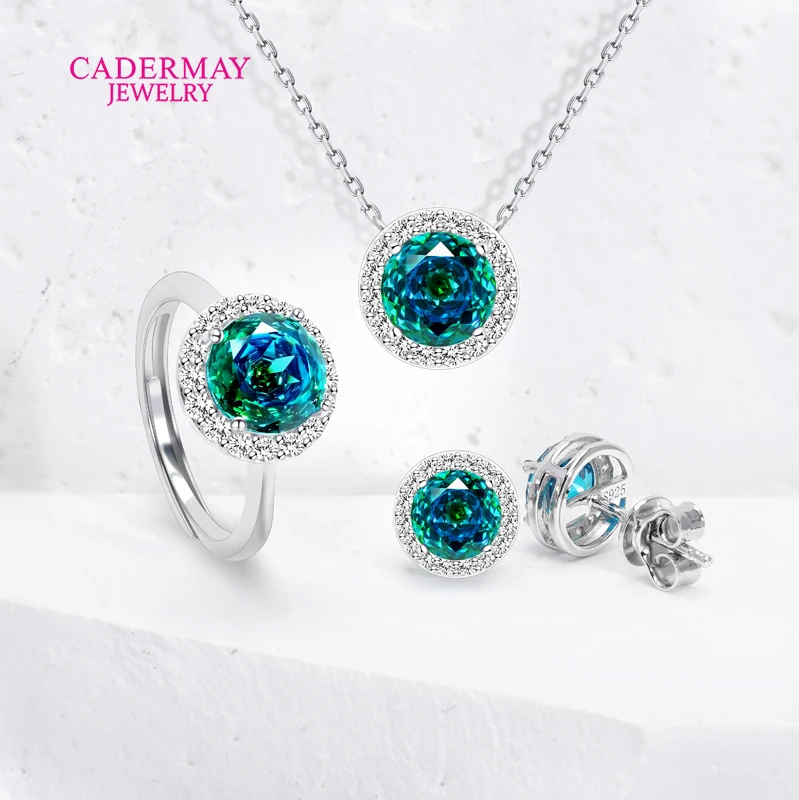 متوفر في المخزون مجموعة مجوهرات فضية S925 أحجار كريمة عين مختلط الألوان الأزرق الأحجار الكريمة الاصطناعية خاتم هالة أقراط قلادة للنساء هدية #2