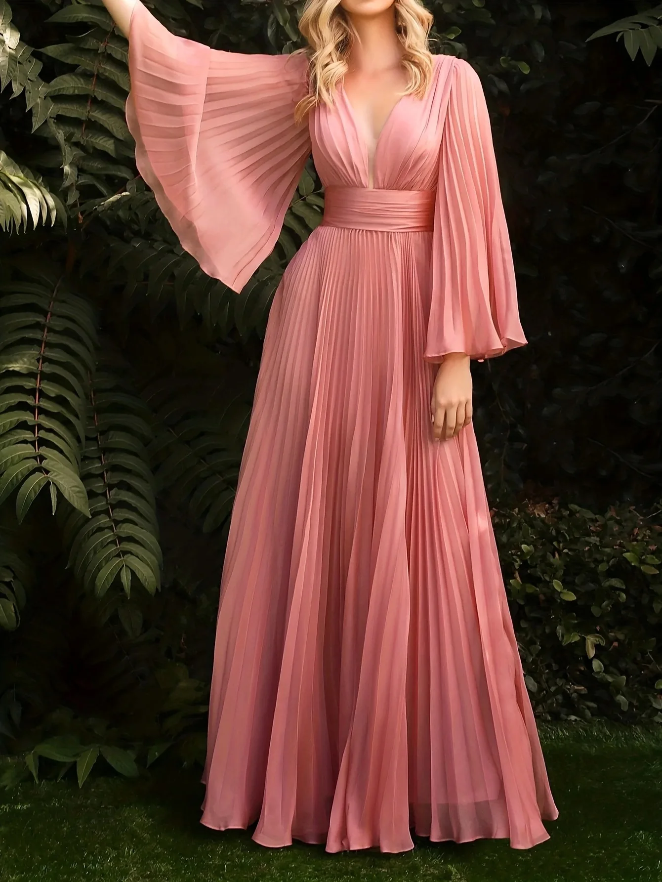 Elegant Solid Color V-neck Flared Long Sleeves Pleated Chiffon Long Plus Size Dress
