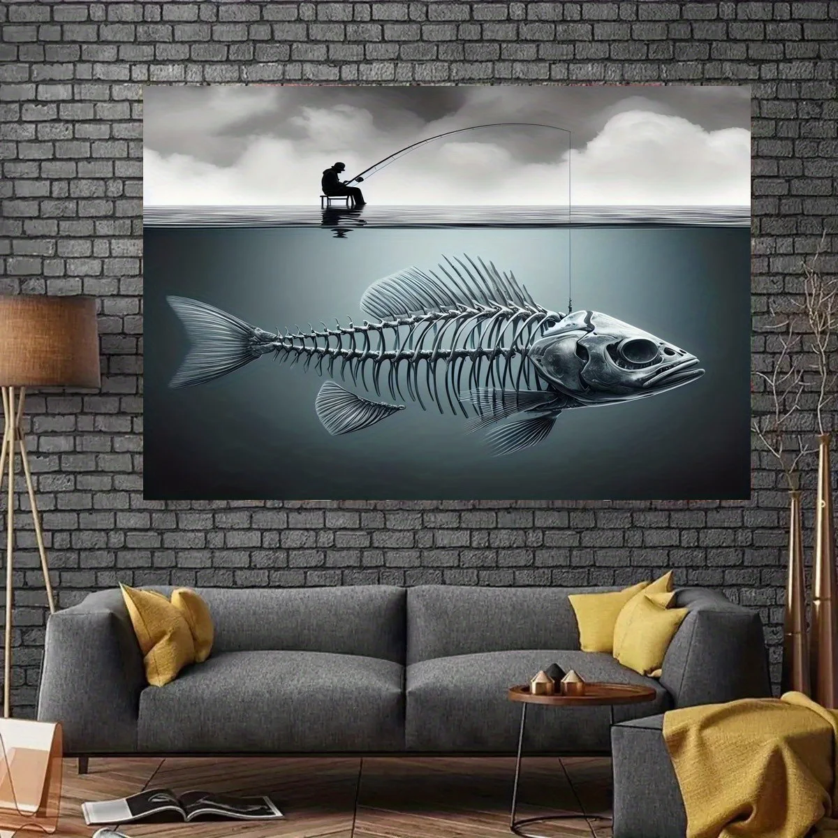 Vintage Ocean Fishing Tapestry Wall Hanging Deep Sea Skeleton Fish Art Monochrome Nautical Canvas Print Fisherman Decor Poster
