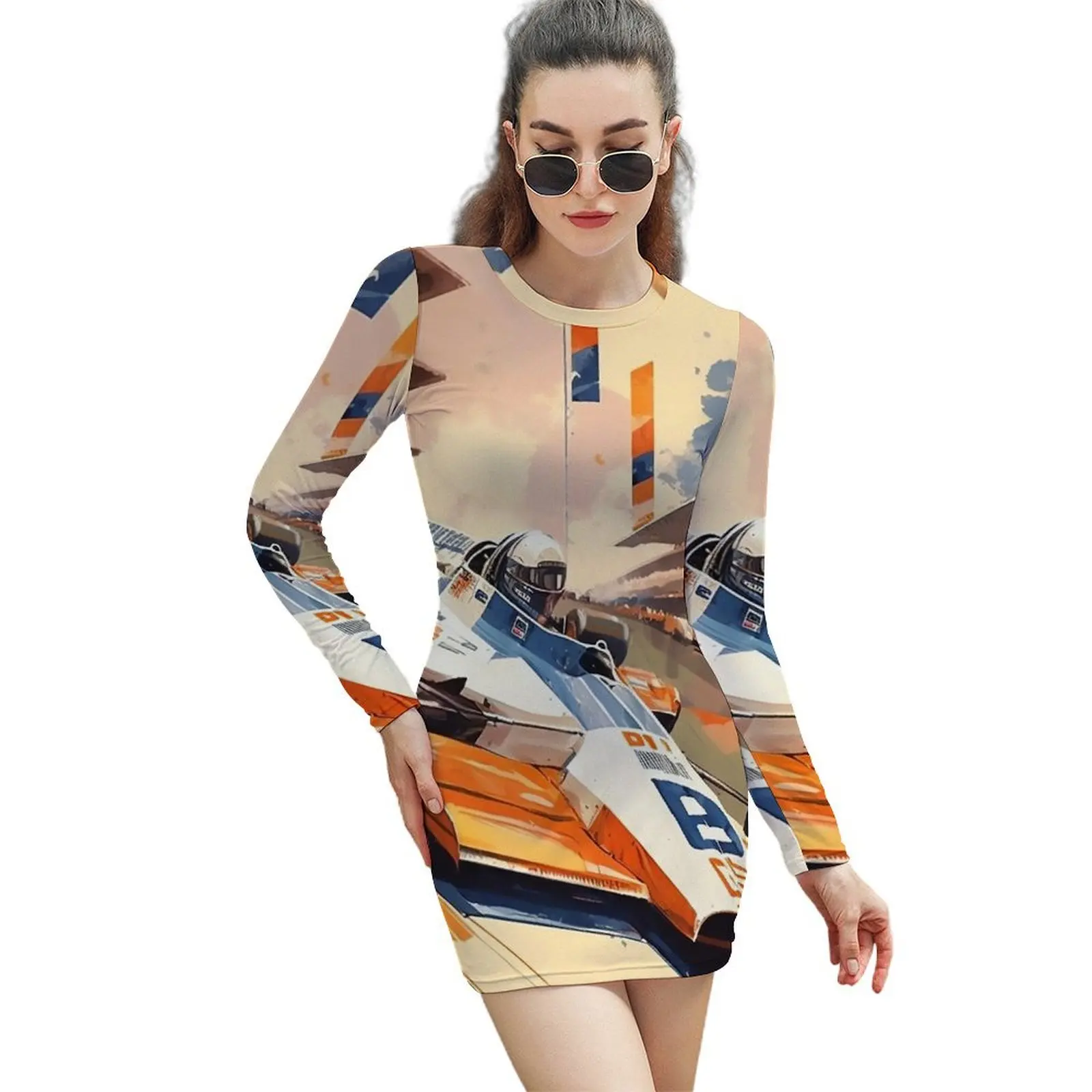 

Indy Retro Racer Long-Sleeved Sheath Dress womans clothing long dresses for women