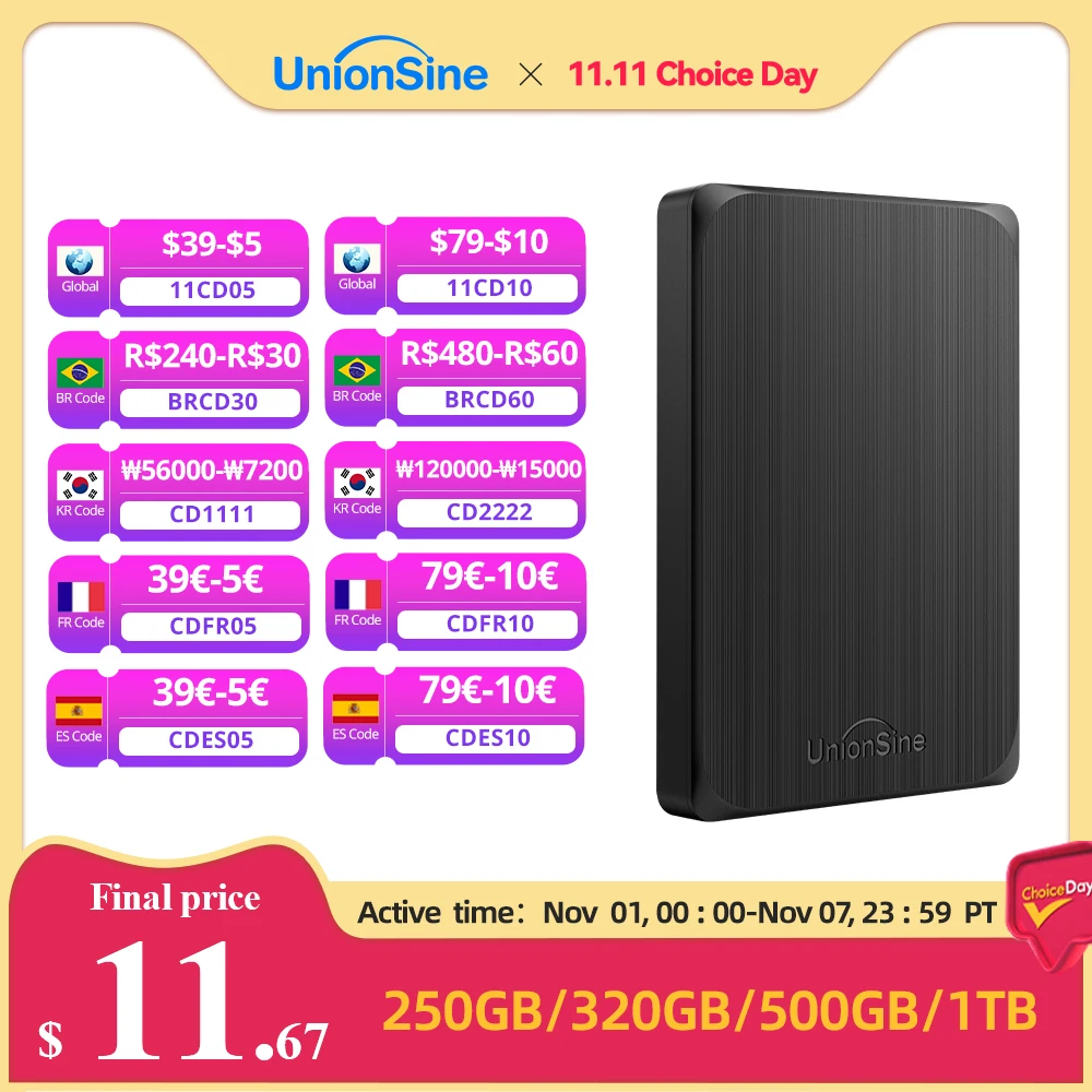 

UnionSine HDD 2,5-дюймовый портативный внешний жесткий диск 1 ТБ/750 ГБ/500 ГБ/250 ГБ USB3.0 для хранения данных, совместимый с ПК, Mac, настольным компьютером, MacBook, ТВ