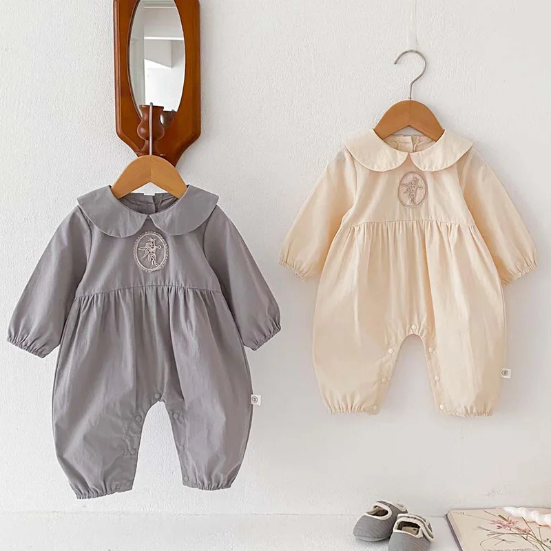 2024 New Spring 0-24M Children Clothes Korean Style Climbing Suit Long Sleeved Cotton Embroidery Infant Baby Girls Jumpsuit