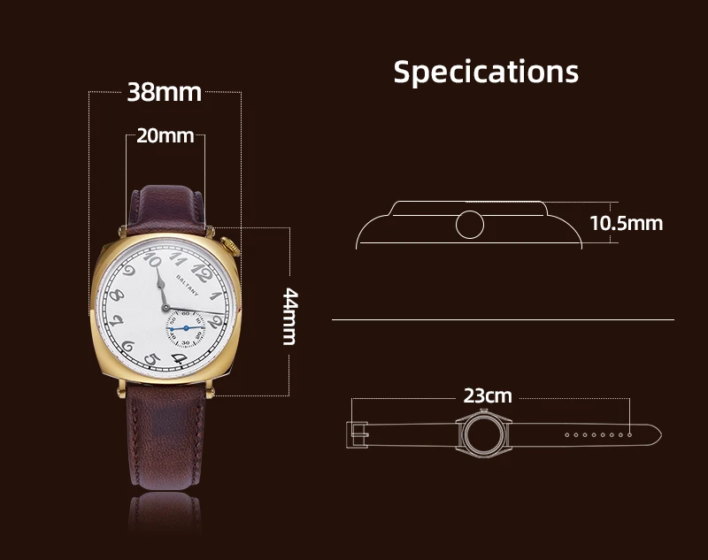 Baltany Men Automatic Watch 38mm IPG Square Mechaical Wristwatch 50M Waterproof Sapphire Mirror ST1701 Small Second Dial