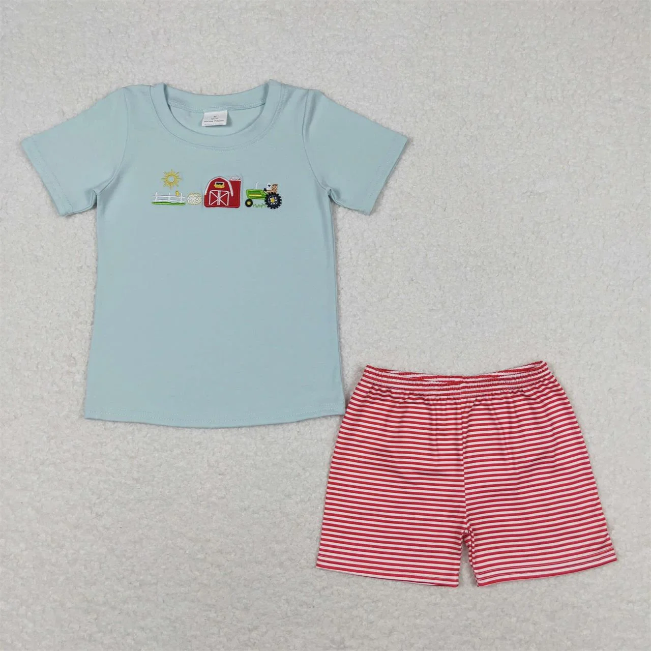 Wholesale Kids Farm Summer Set Tractor Cotton Shirts Plaid Shorts Baby Boy Girl Outfit Children Embroidery Two Pieces Clothing