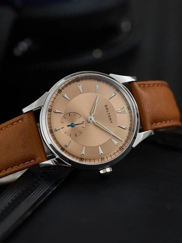 Baltany Vintage mechanische Armbanduhr, 38,5 mm, S4101, Retro, Gentleman, elegant, formell, kleine Sekunde, Saphirleder, Büro, Alltag, W – Detail 5