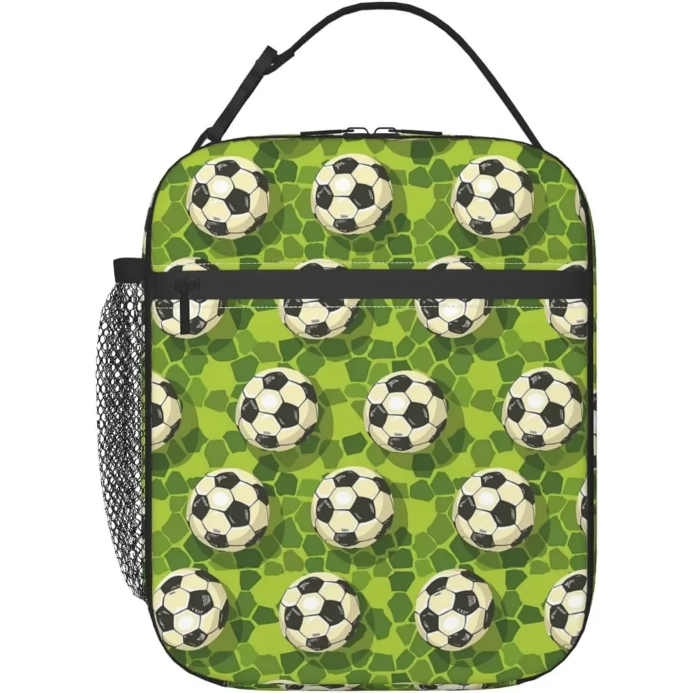 Soccer Lunch Box For Kids Aldults, Ball Sport Style Reusable Thermal Insulation Cooler Tote Bags, Grass Football Print Insulated