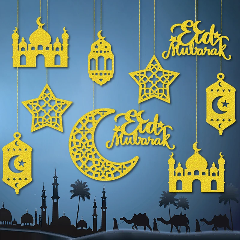 12pcs Ramadan Decoration 2025 Hanging Ornament  Eid Mubarak Star Moon Kareem Plaque Pendant Mosque Muslim Islam Party Supplies